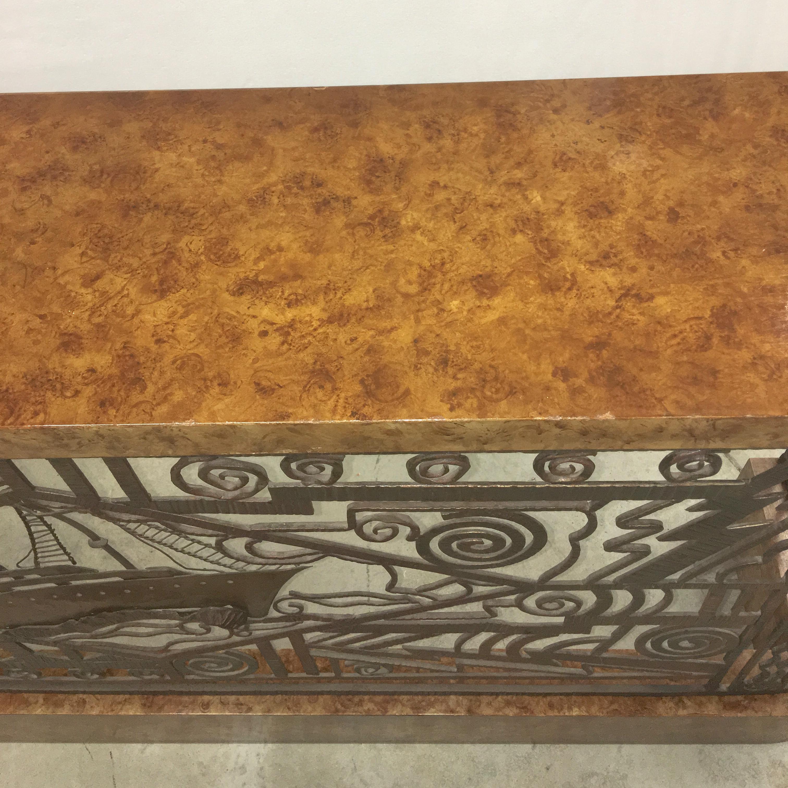 Art Deco Forged Steel and Burl Console with Ocean Liner Motif 5