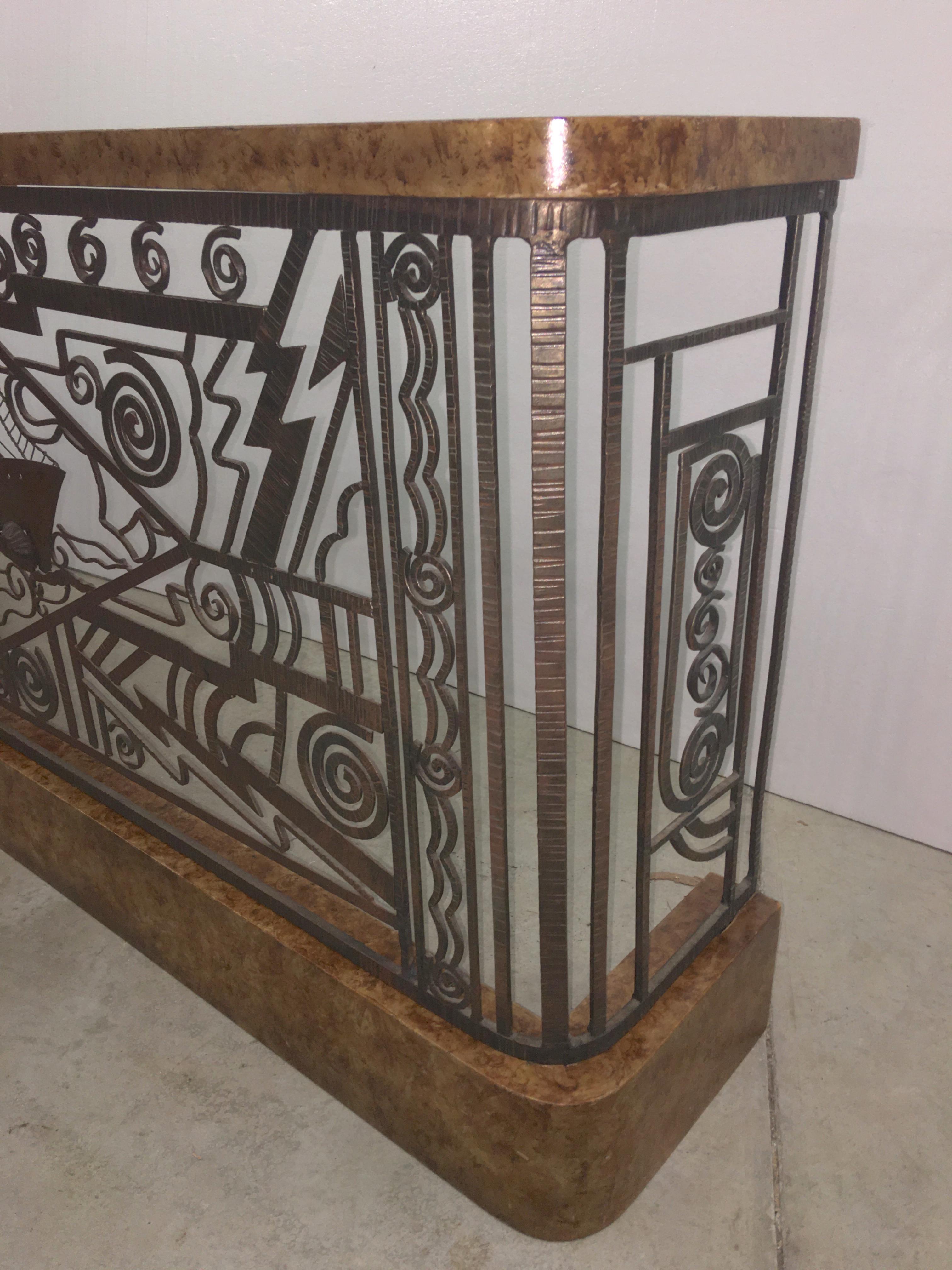 Art Deco Forged Steel and Burl Console with Ocean Liner Motif 1