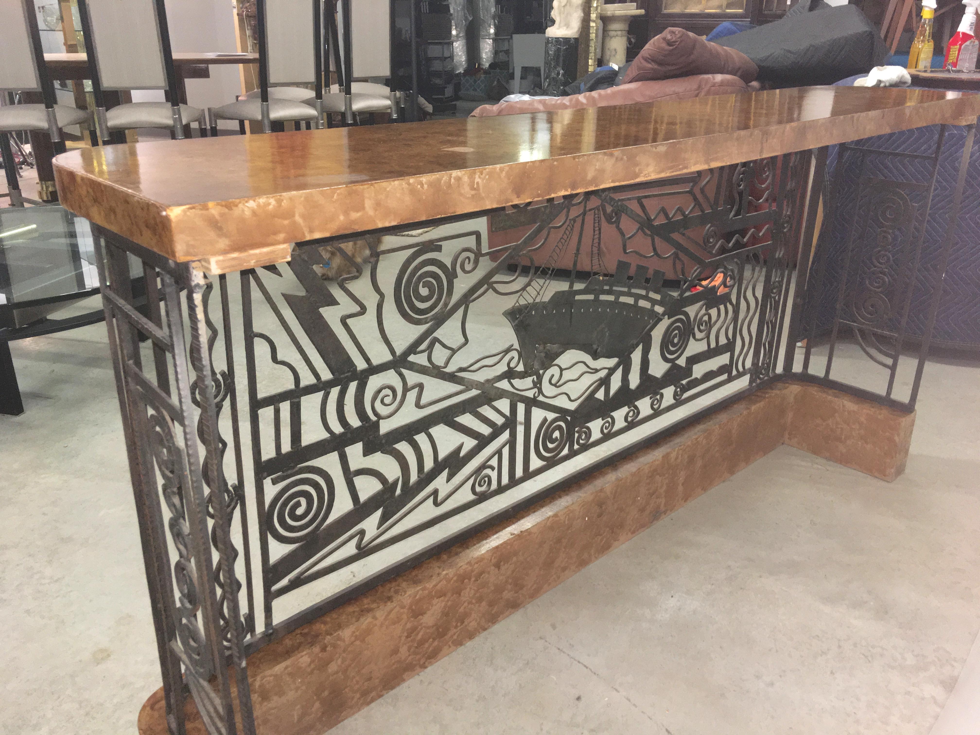 Art Deco Forged Steel and Burl Console with Ocean Liner Motif 2