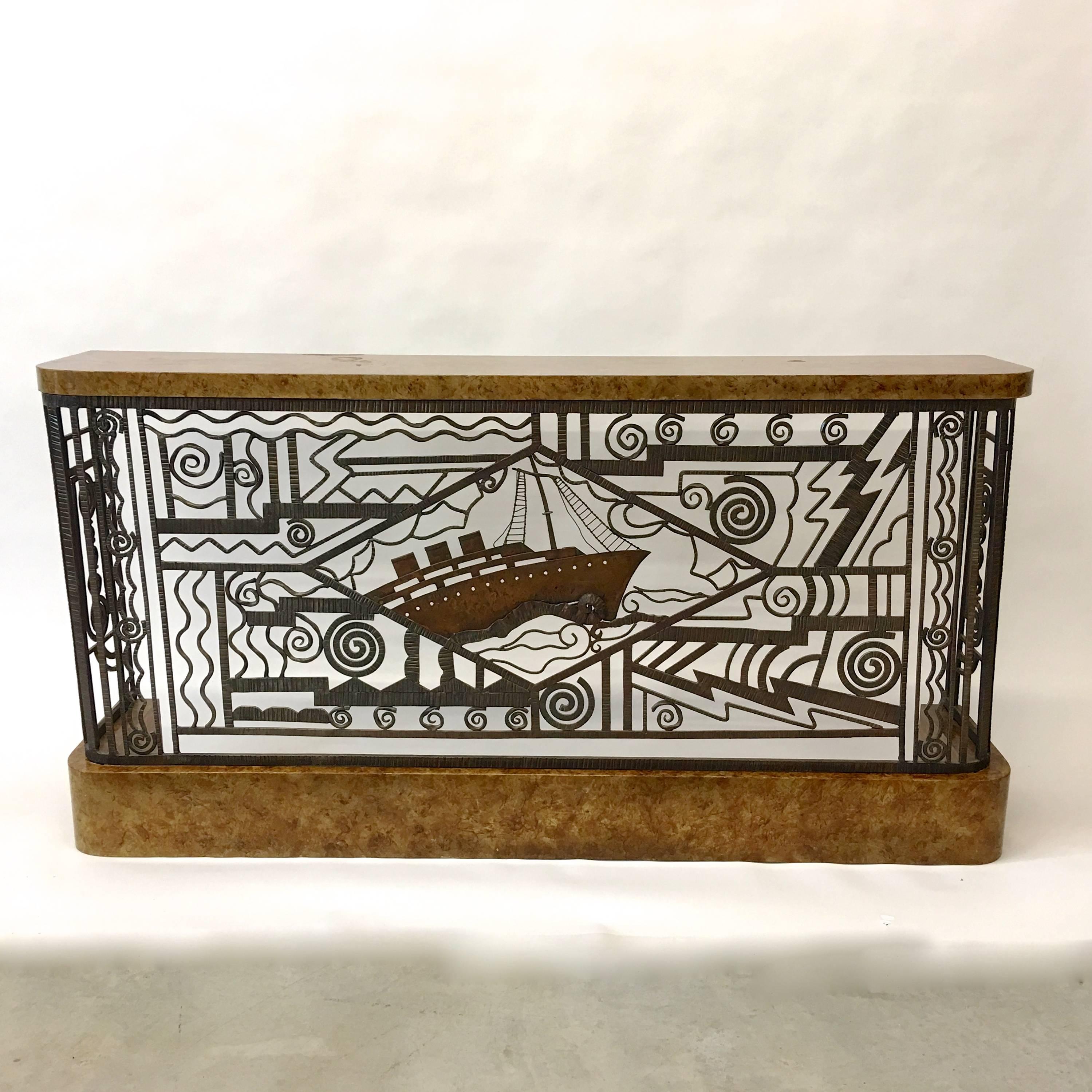 American Art Deco Forged Steel and Burl Console with Ocean Liner Motif
