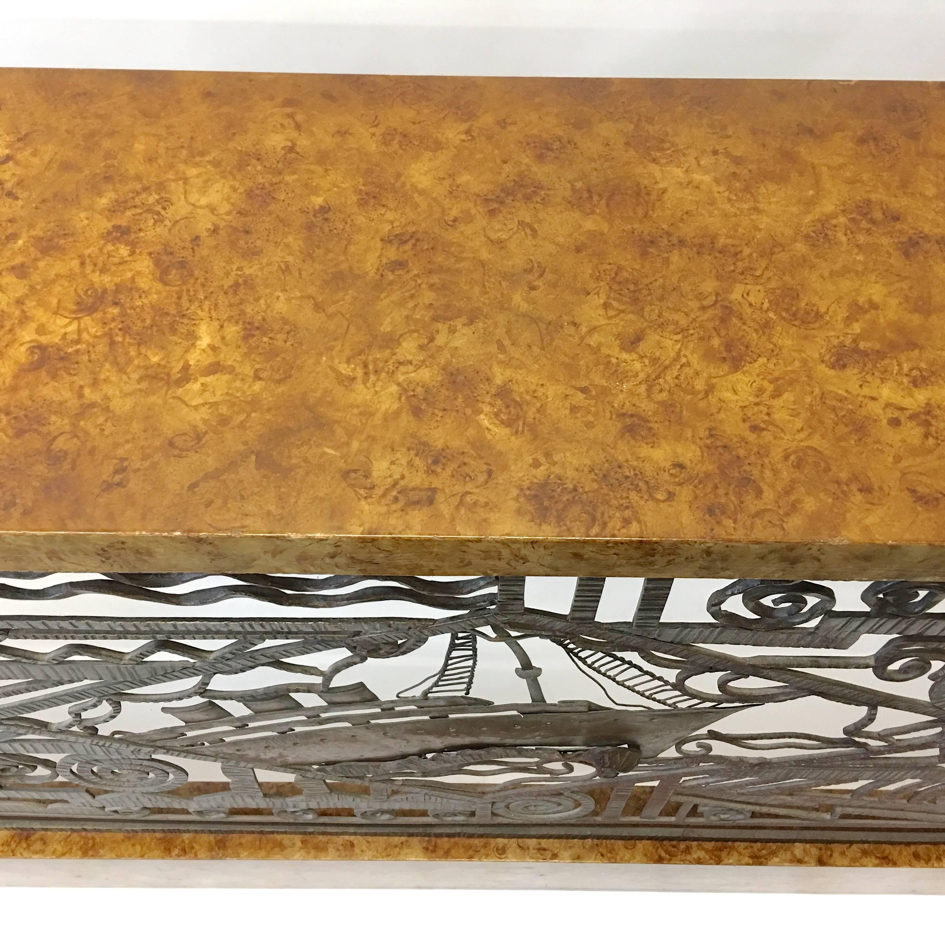 Art Deco Forged Steel and Burl Console with Ocean Liner Motif In Good Condition In Hanover, MA