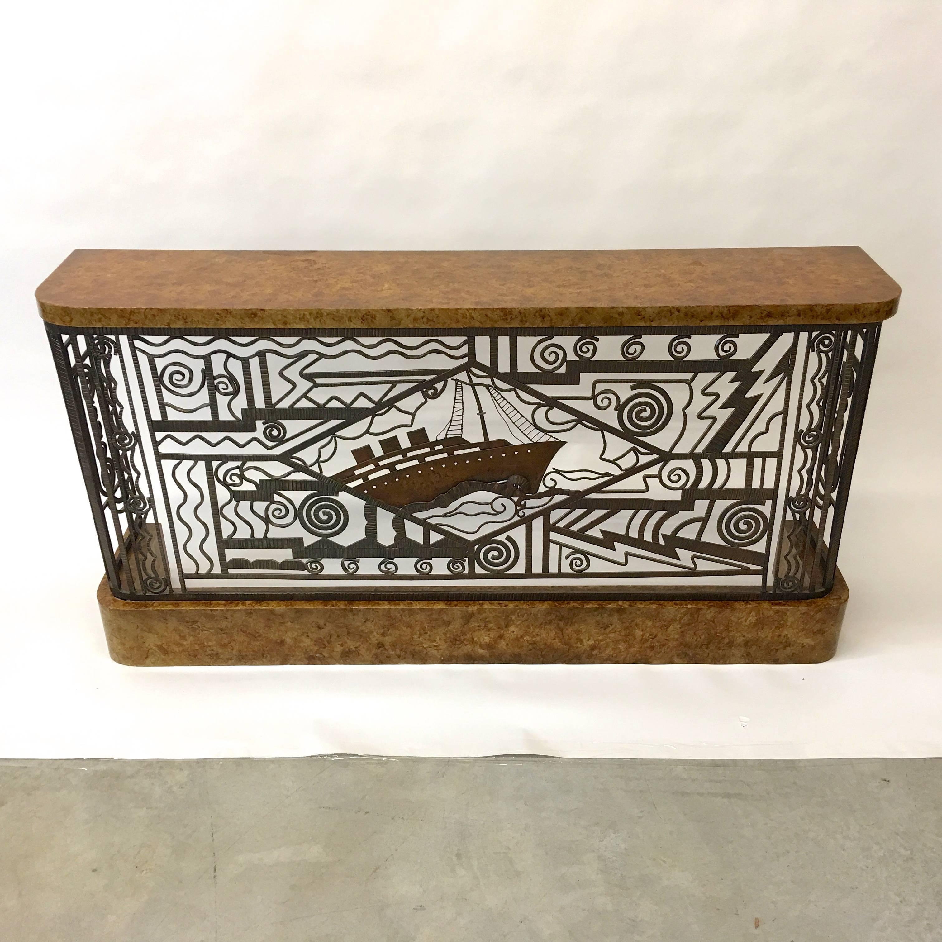 Mid-20th Century Art Deco Forged Steel and Burl Console with Ocean Liner Motif