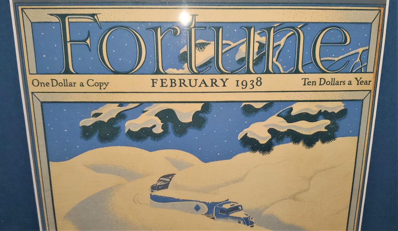Wir präsentieren ein fabelhaftes Original Art Deco Fortune Magazine Cover, Februar 1938.

Die Titelseite des Fortune Magazine vom Februar 1938, gerahmt und im Passepartout.

Es handelt sich um einen Originaleinband, nicht um einen Nachdruck oder