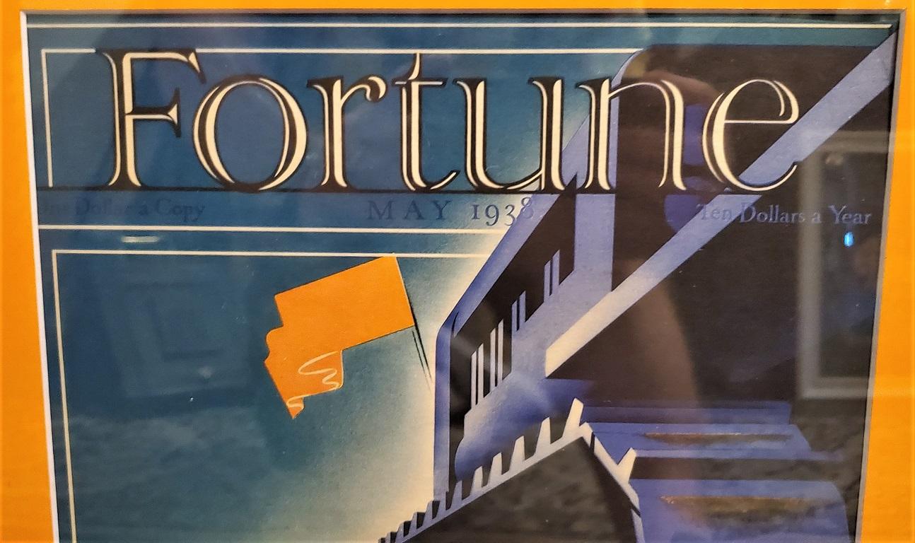 Presenting a fabulous original Art Deco Fortune Magazine cover May, 1938.

The cover of Fortune Magazine for May 1938, framed and matted.

This is an original cover, not a re-print or copy. It is the cover of an actual 1938 Fortune Magazine and