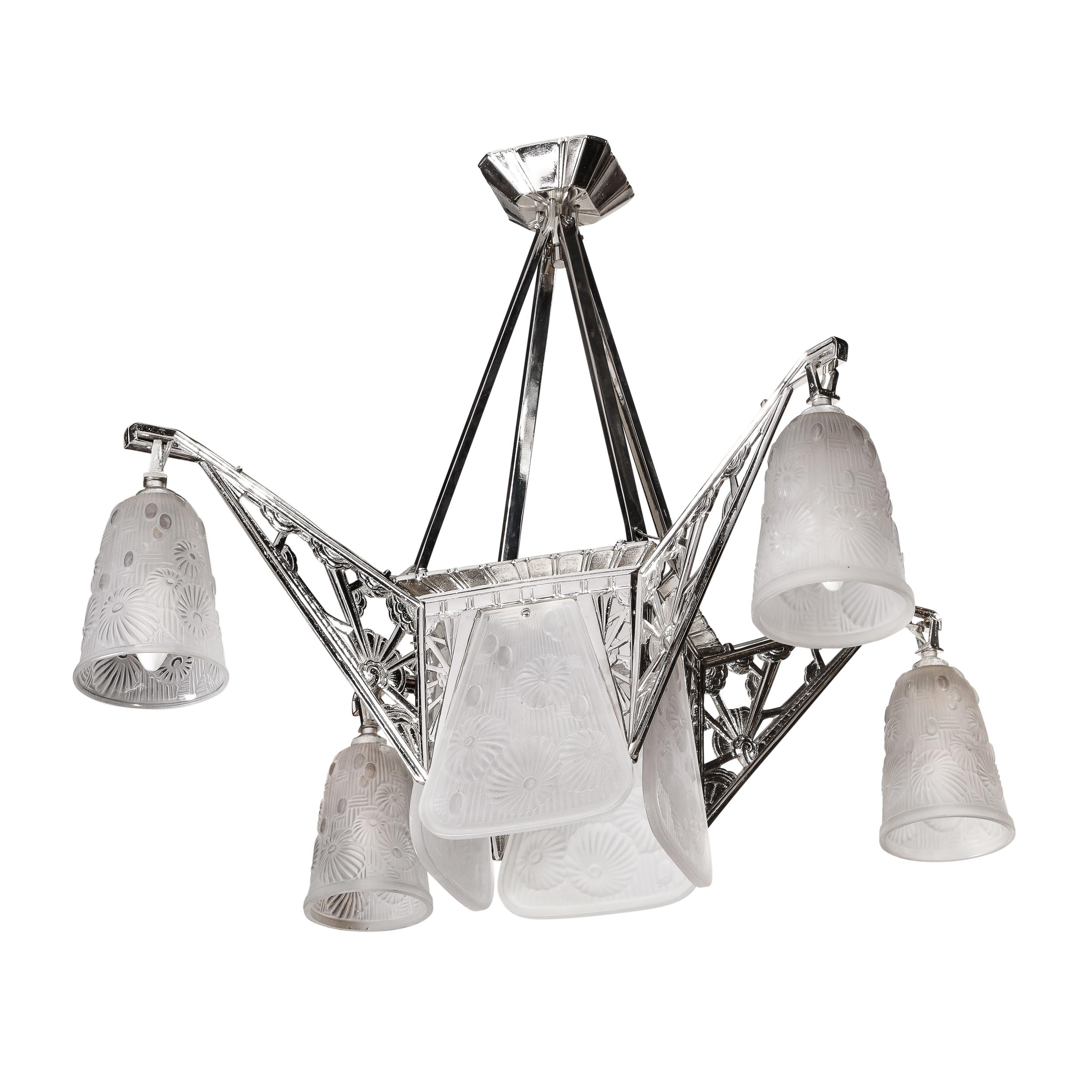 French Art Deco Four Arm Frosted Glass & Nickeled Bronze Chandelier by Daum Nancy  For Sale