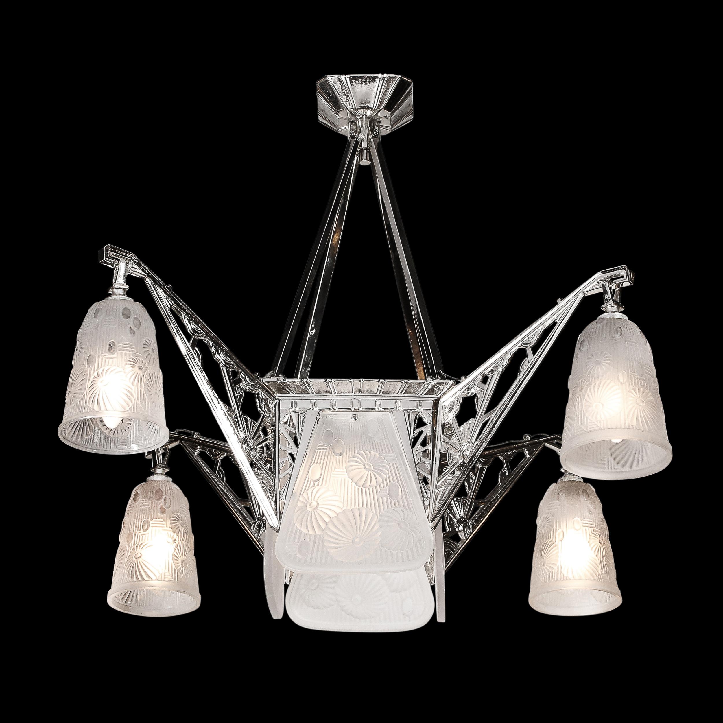 Art Deco Four Arm Frosted Glass & Nickeled Bronze Chandelier by Daum Nancy  For Sale 1