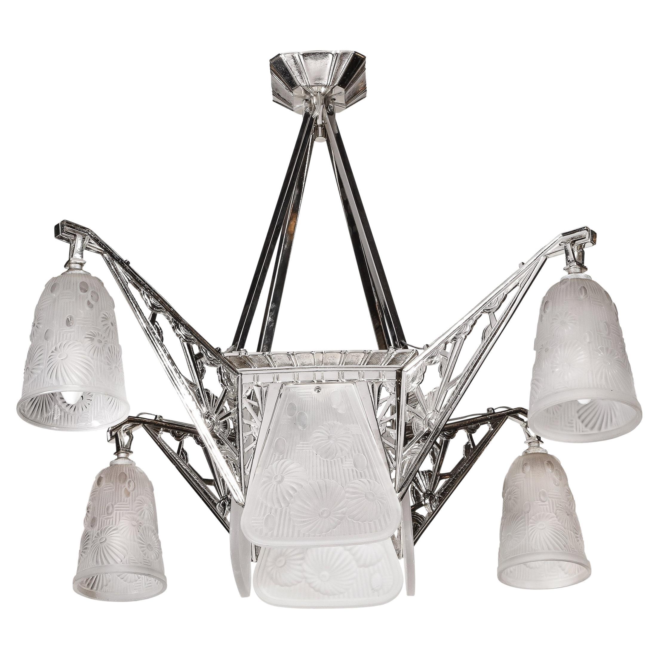 Art Deco Four Arm Frosted Glass & Nickeled Bronze Chandelier by Daum Nancy  For Sale