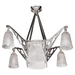 Vintage Art Deco Four Arm Frosted Glass & Nickeled Bronze Chandelier by Daum Nancy 