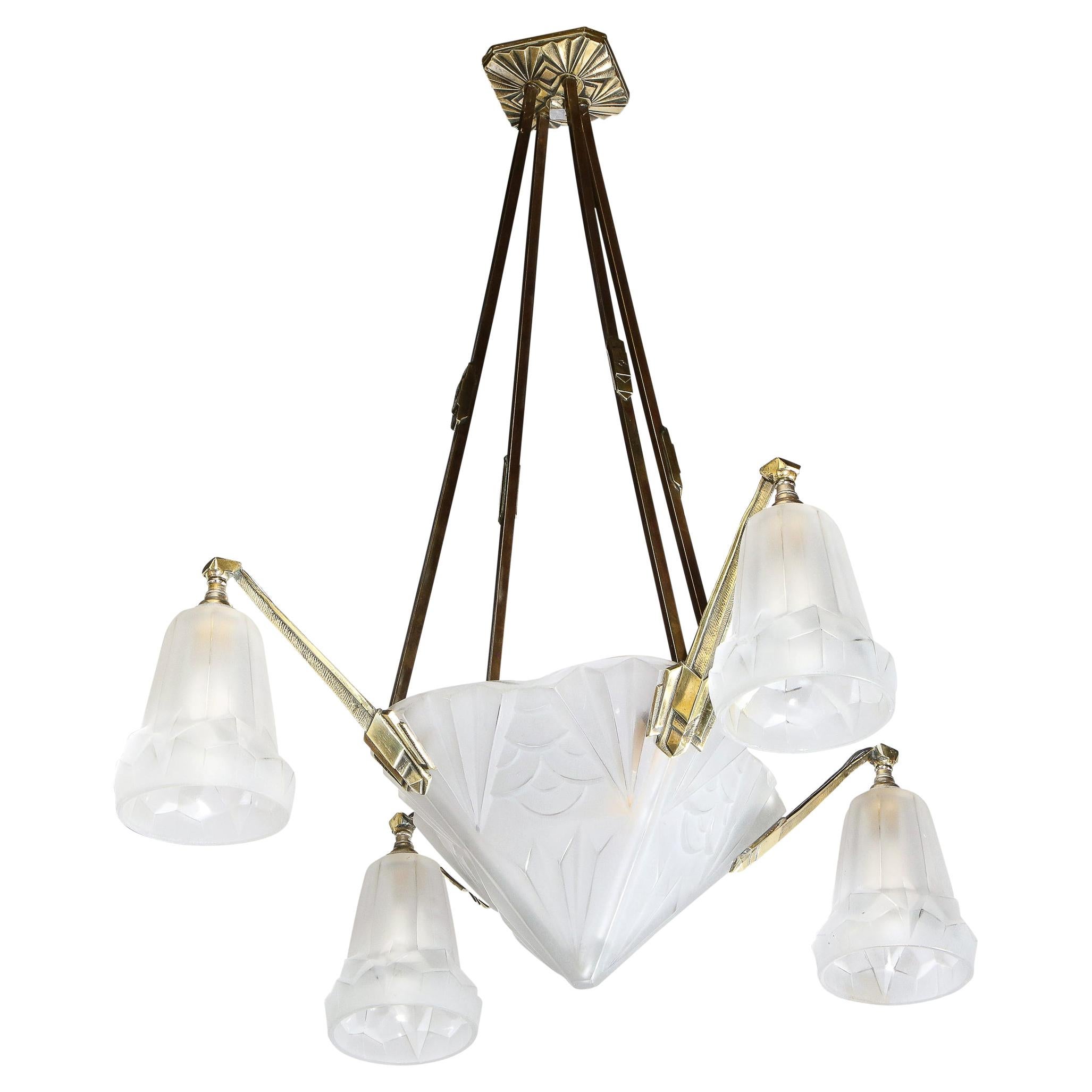 Art Deco Four Arm Frosted Glass & Silvered Bronze Chandelier with Cubist Motifs For Sale