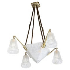 Art Deco Four Arm Frosted Glass & Silvered Bronze Chandelier with Cubist Motifs