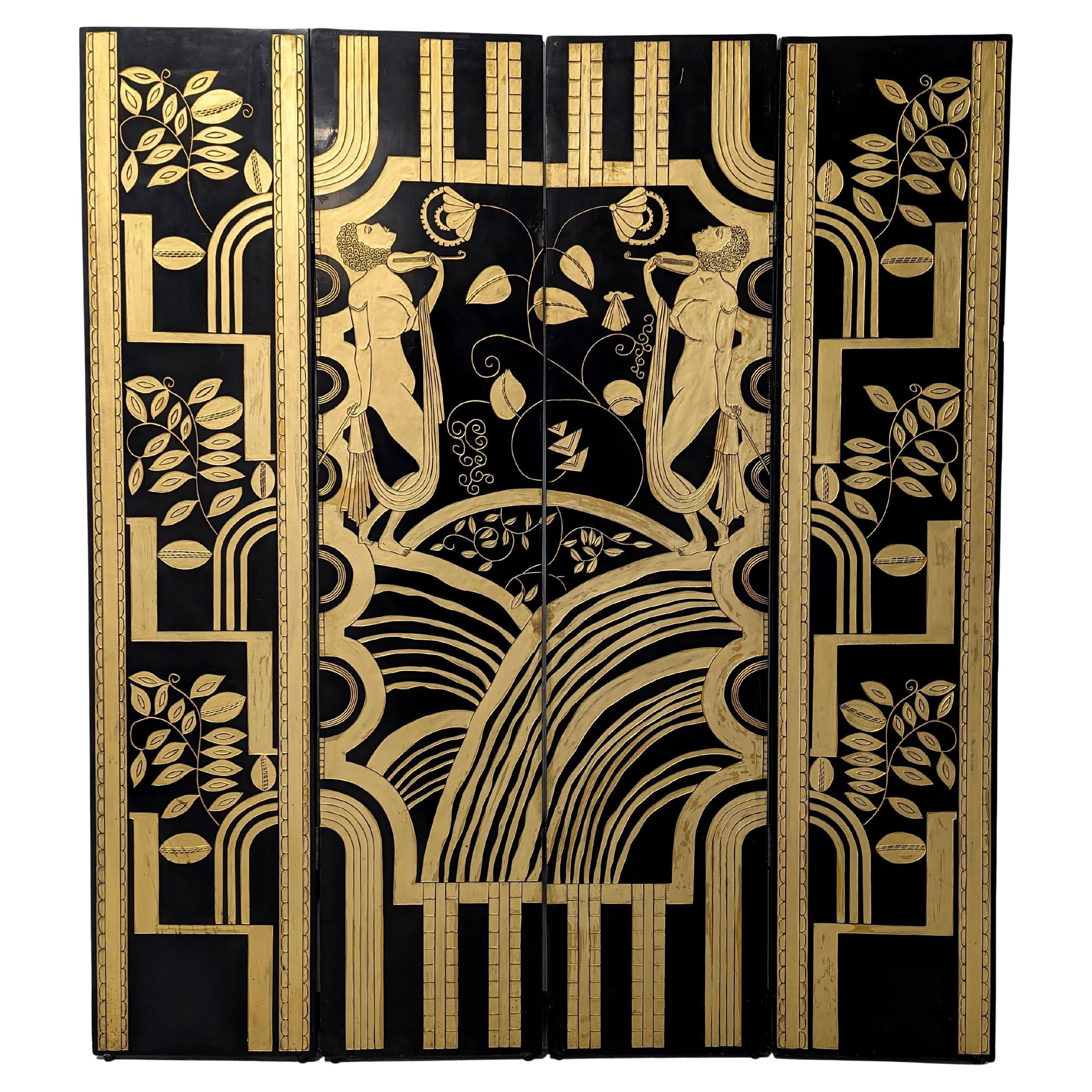 Art Deco Four Panel Folding Screen, Manner of Paul Feher