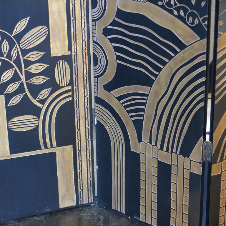 Art Deco Four Panel Screen with and Nature in Gold Leaf, circa 1930s For Sale at 1stDibs