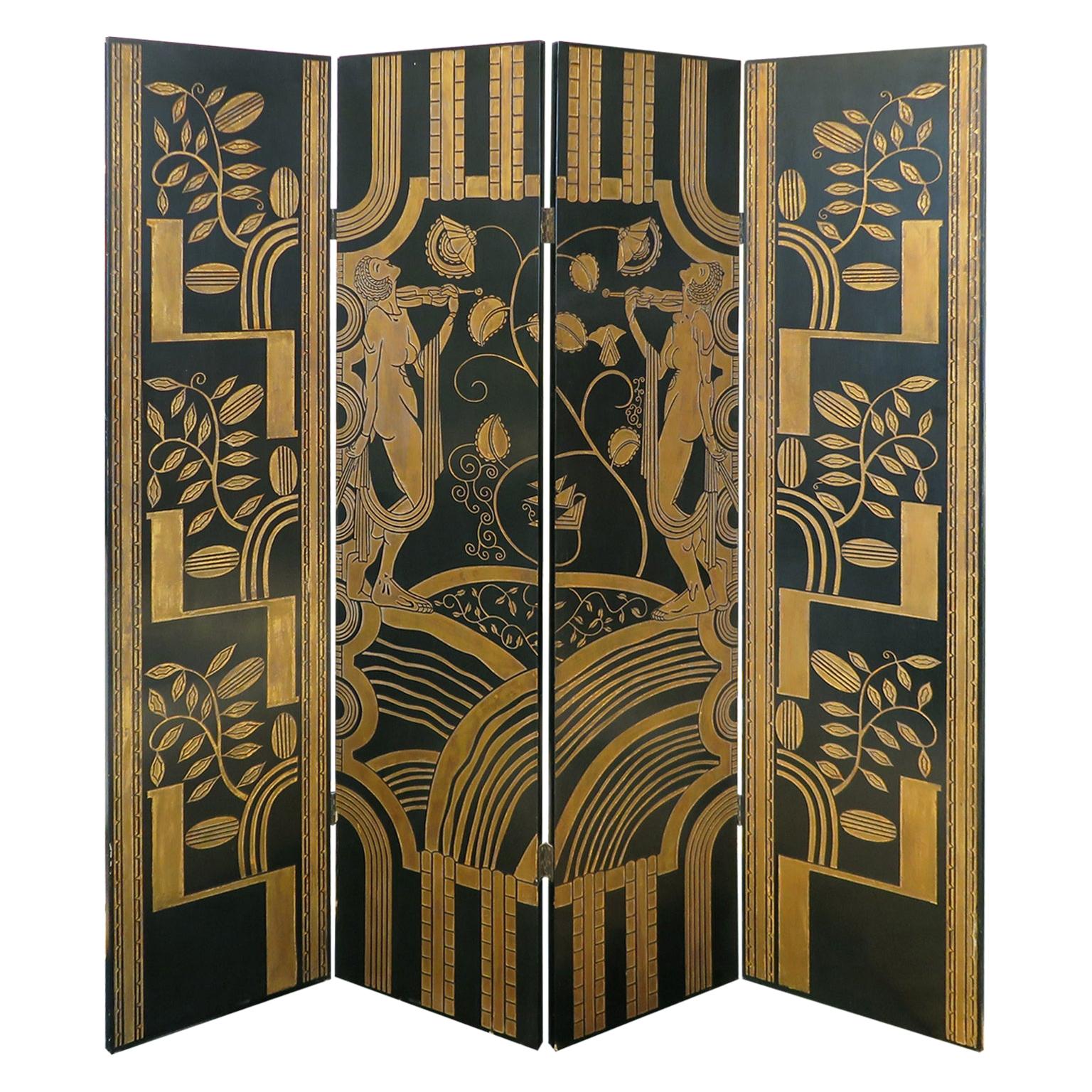Art Deco Four Panel Screen with Nymph and Nature Motif in Gold Leaf, circa 1930s