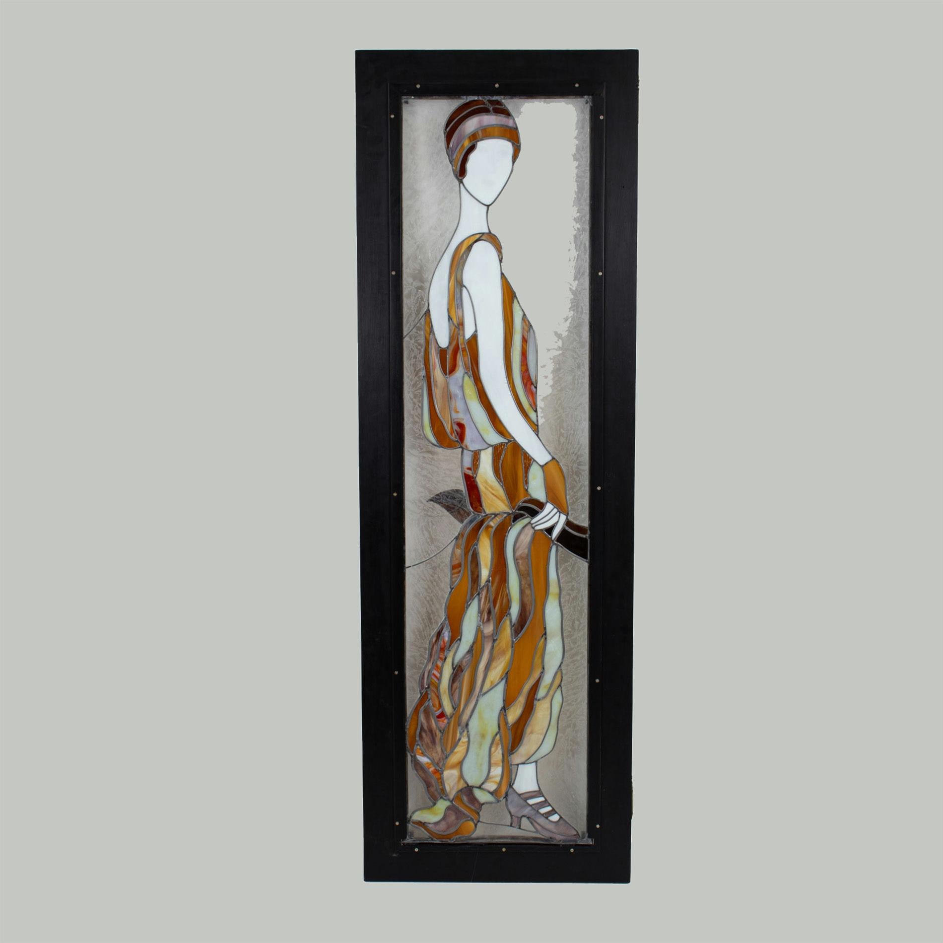 Divisorio a quattro pannelli in vetro Stained Glass Art Deco con finiture in Macassar in vendita 8