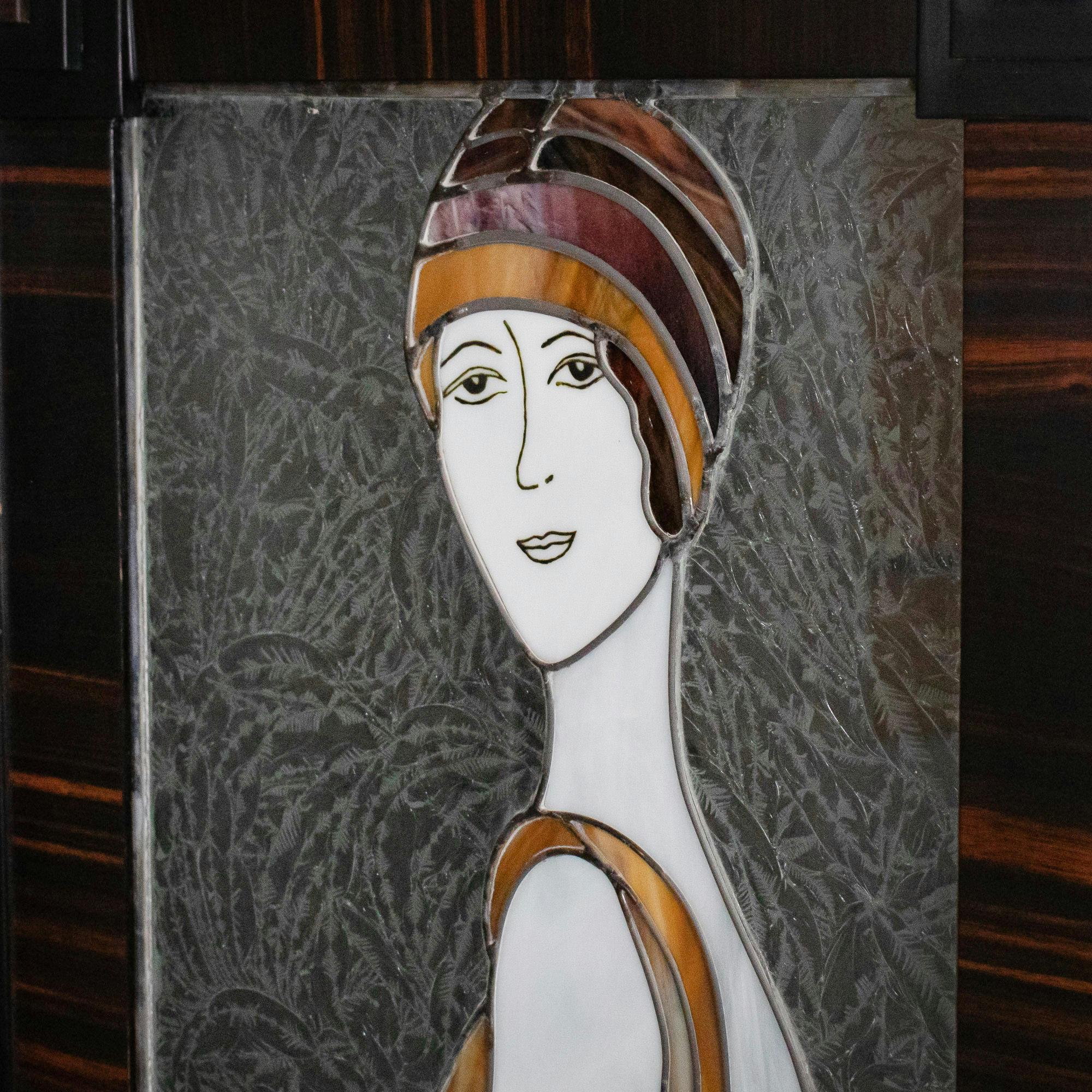 Divisorio a quattro pannelli in vetro Stained Glass Art Deco con finiture in Macassar in vendita 10