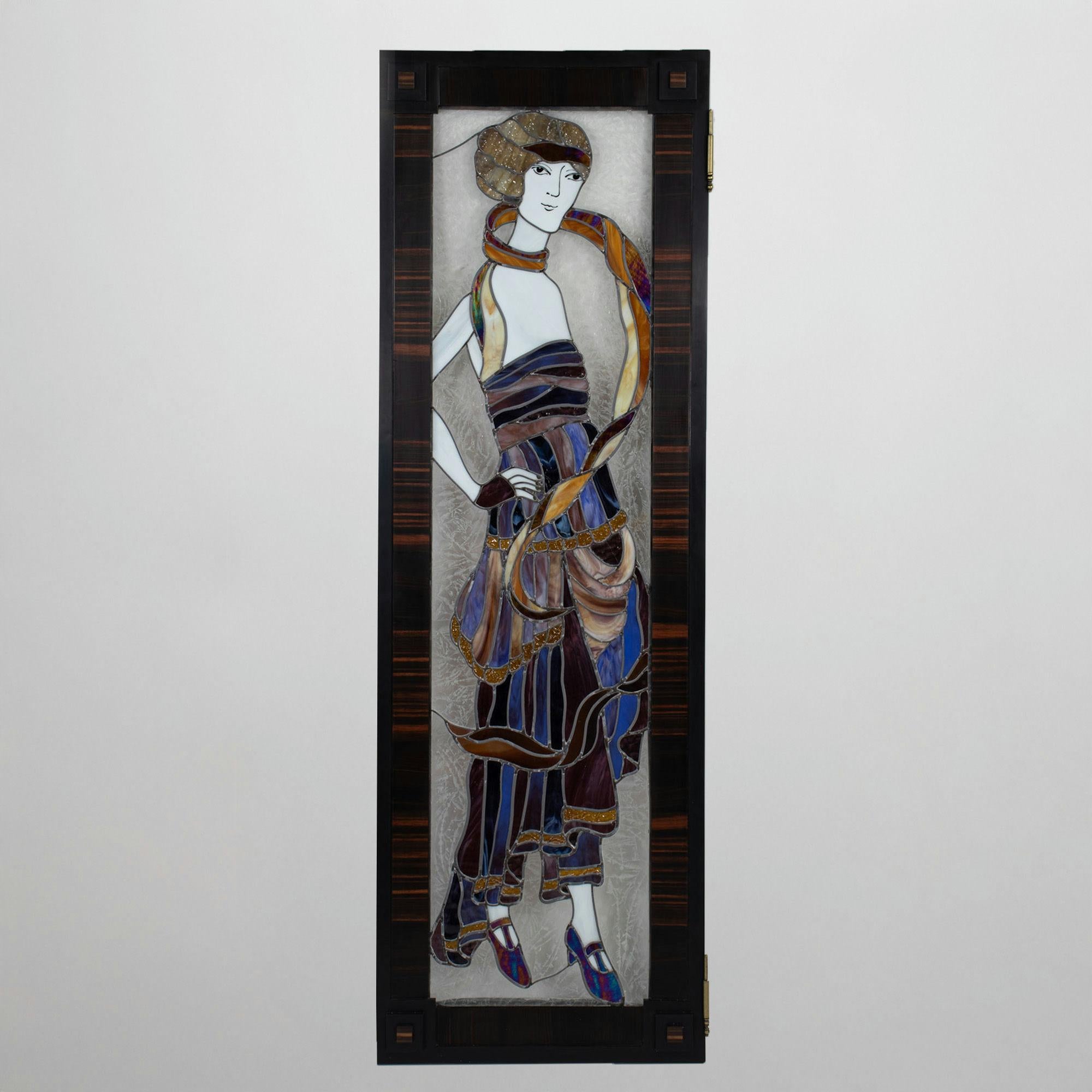 Vetro artistico Divisorio a quattro pannelli in vetro Stained Glass Art Deco con finiture in Macassar in vendita