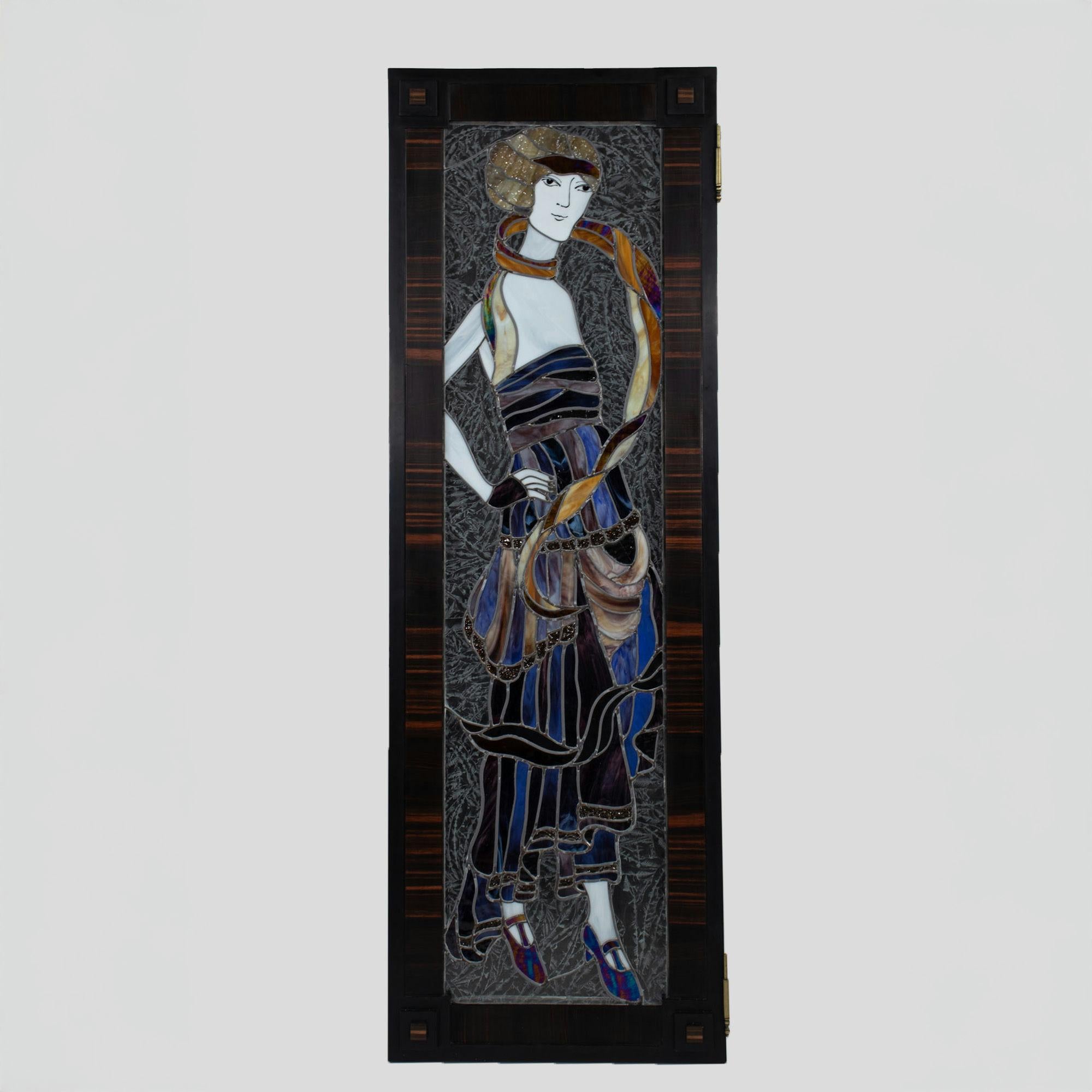 Divisorio a quattro pannelli in vetro Stained Glass Art Deco con finiture in Macassar in vendita 1