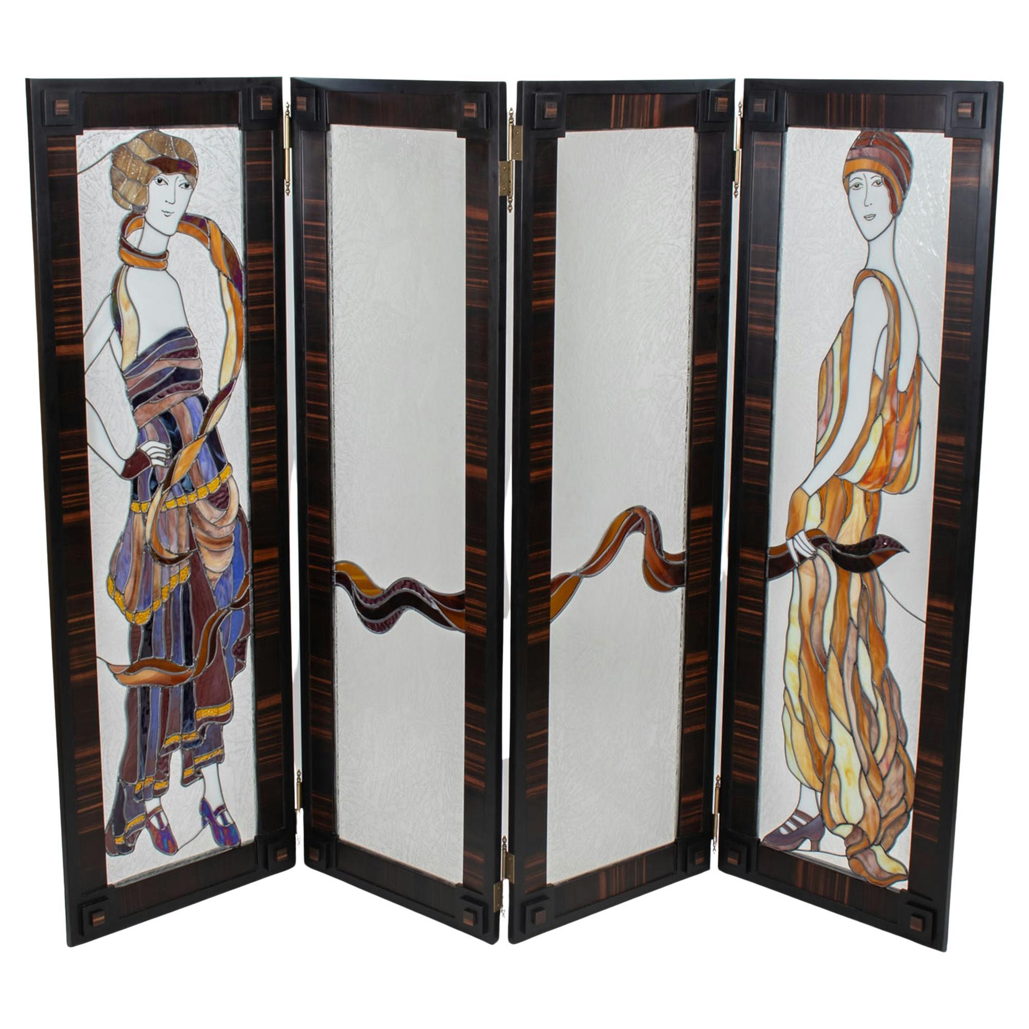 Art Deco Four Panel Stained Glass Screen Divider with Macassar Trim