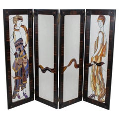 Divisorio a quattro pannelli in vetro Stained Glass Art Deco con finiture in Macassar