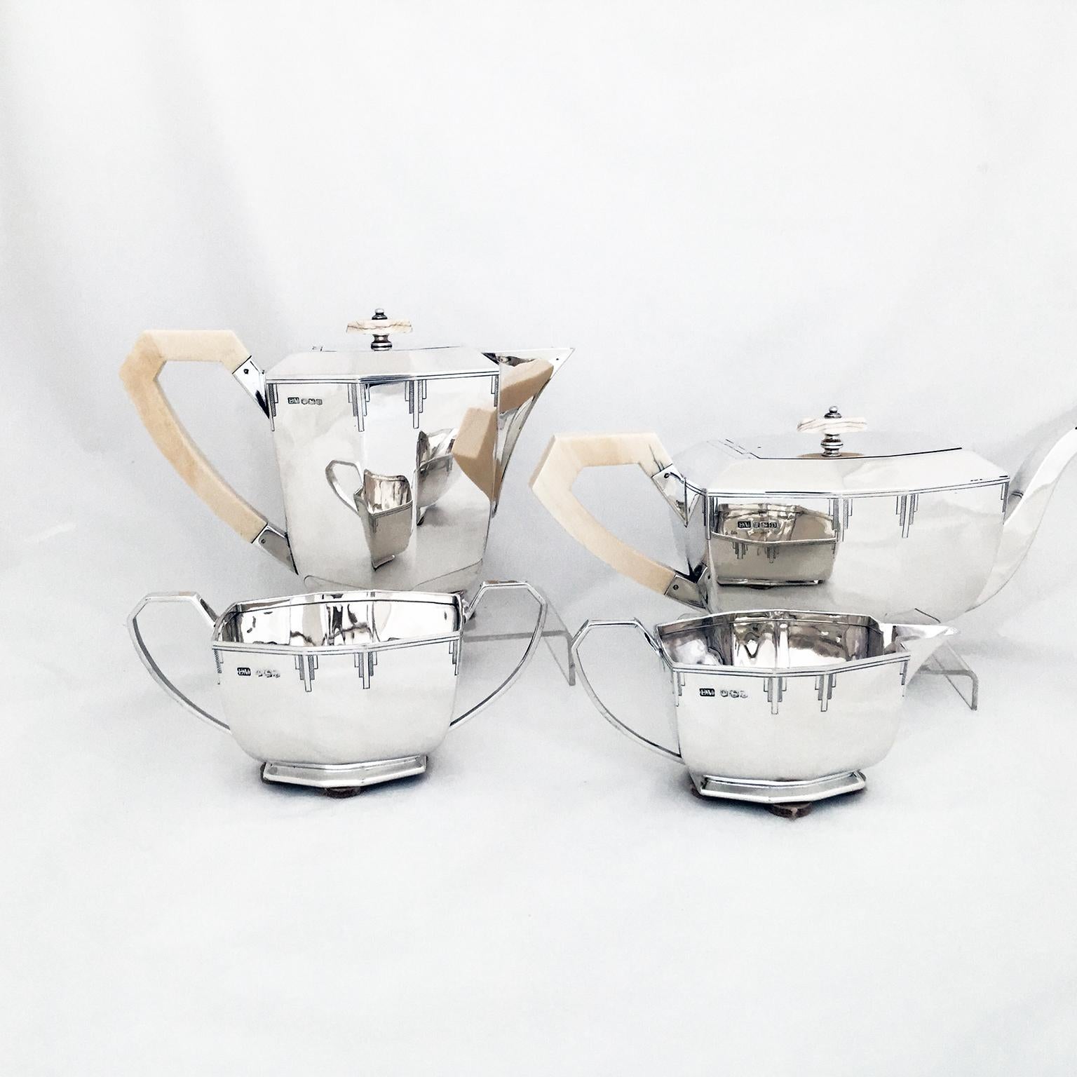 British Art Deco Four Piece Sterling Tea Set with Matching Tray For Sale