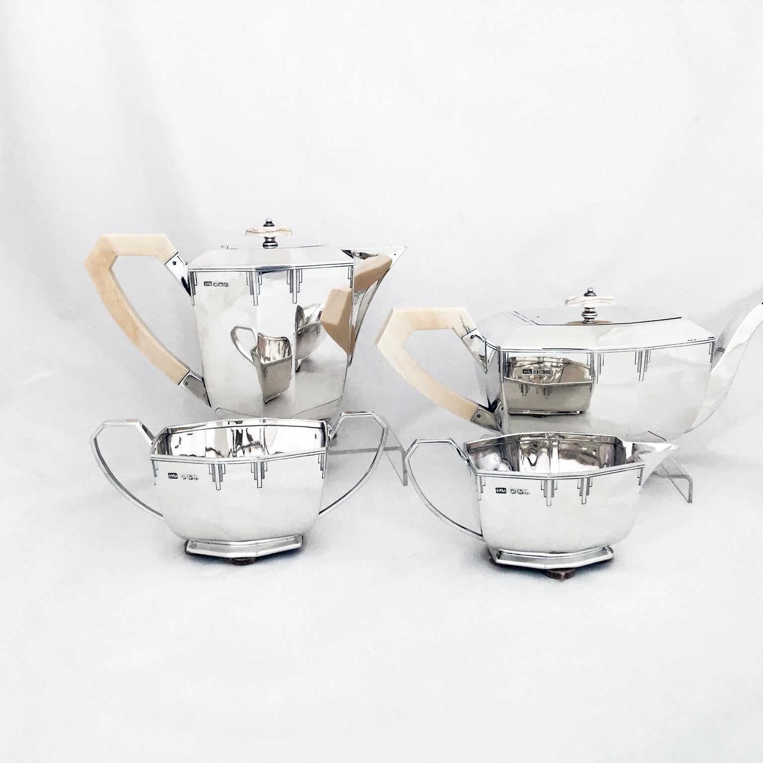 British Art Deco Four Piece Sterling Tea Set with Matching Tray For Sale