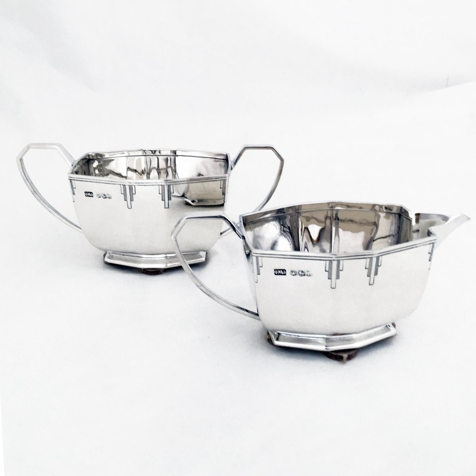 Silver Art Deco Four Piece Sterling Tea Set with Matching Tray For Sale