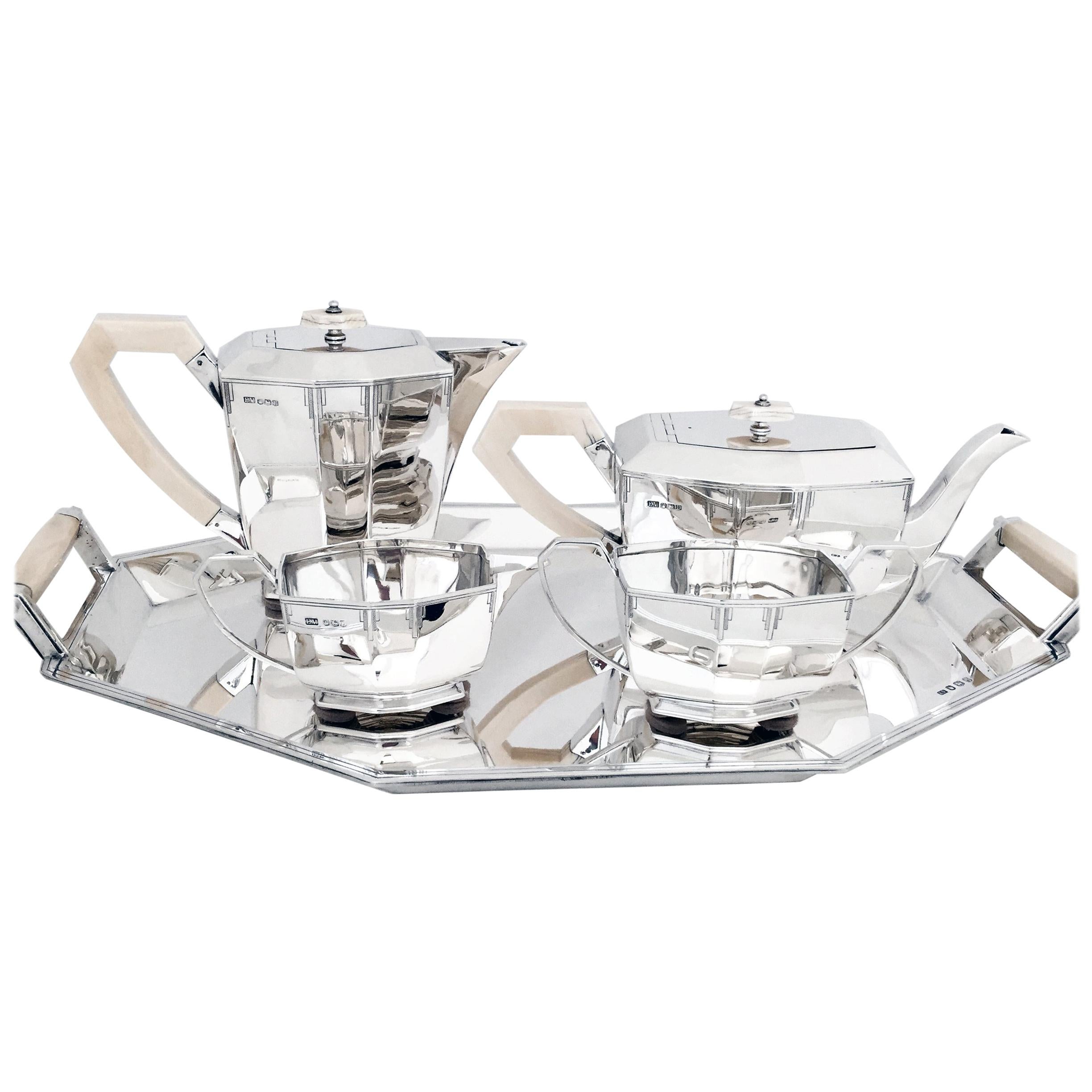 Art Deco Four Piece Sterling Tea Set with Matching Tray For Sale