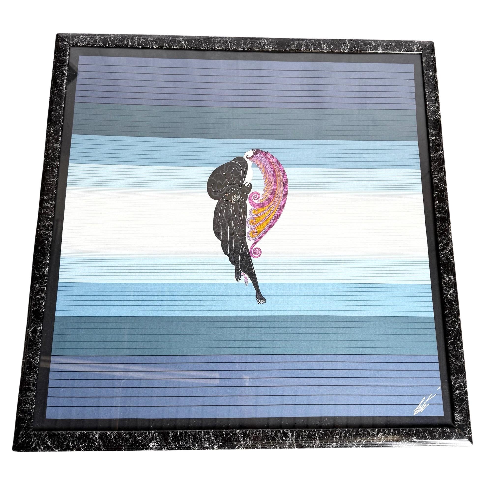 Art Deco Framed “Beauty and the Beast” on Silk by Erté For Sale
