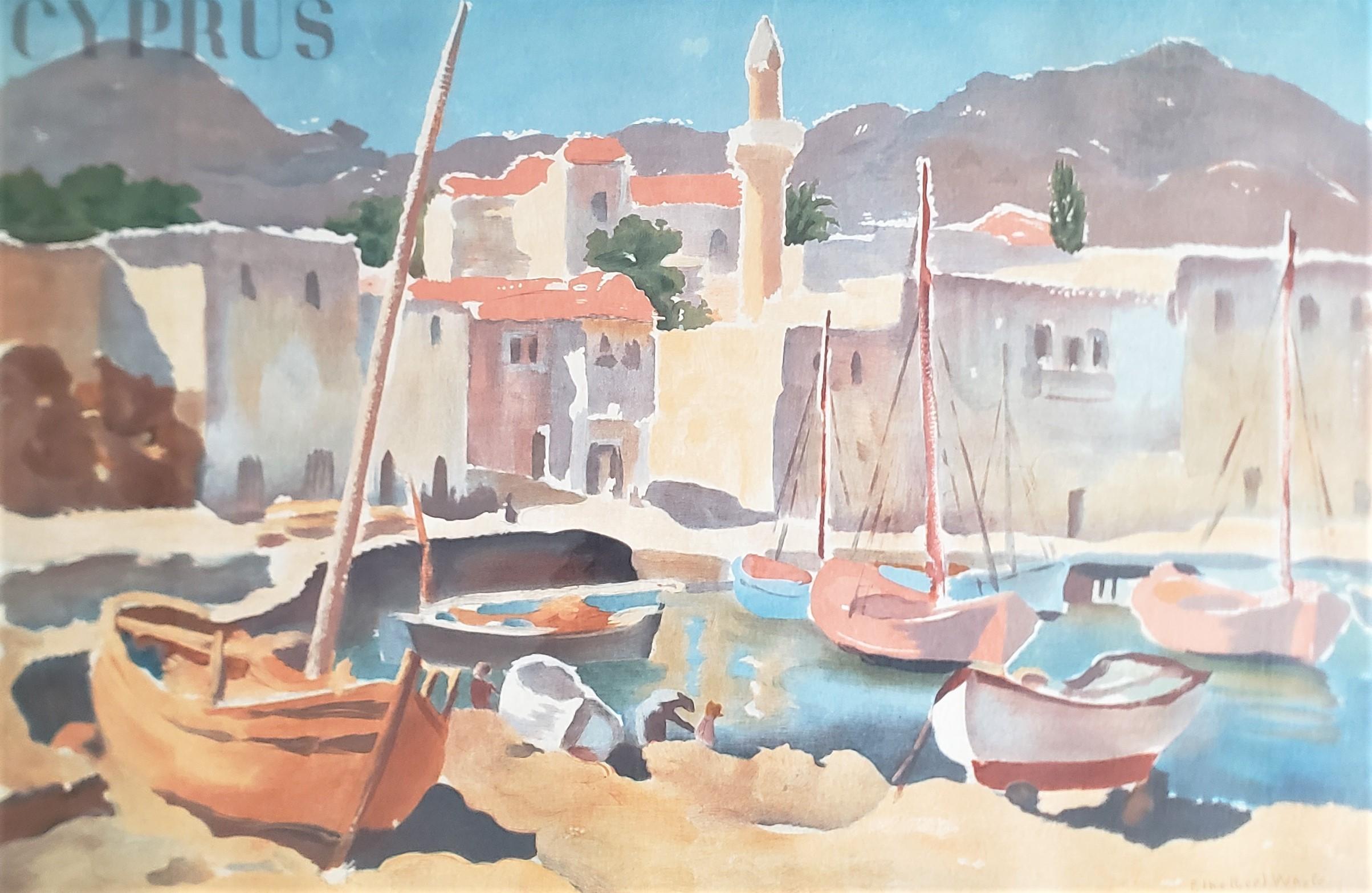 Dieses Plakat wurde etwa 1920 von der Baynard Press in London, England, hergestellt und von der Regierung Zyperns herausgegeben, um für Reisen nach Zypern im Stil des Art déco zu werben. Das Plakat zeigt eine impressionistische Landschaft mit dem