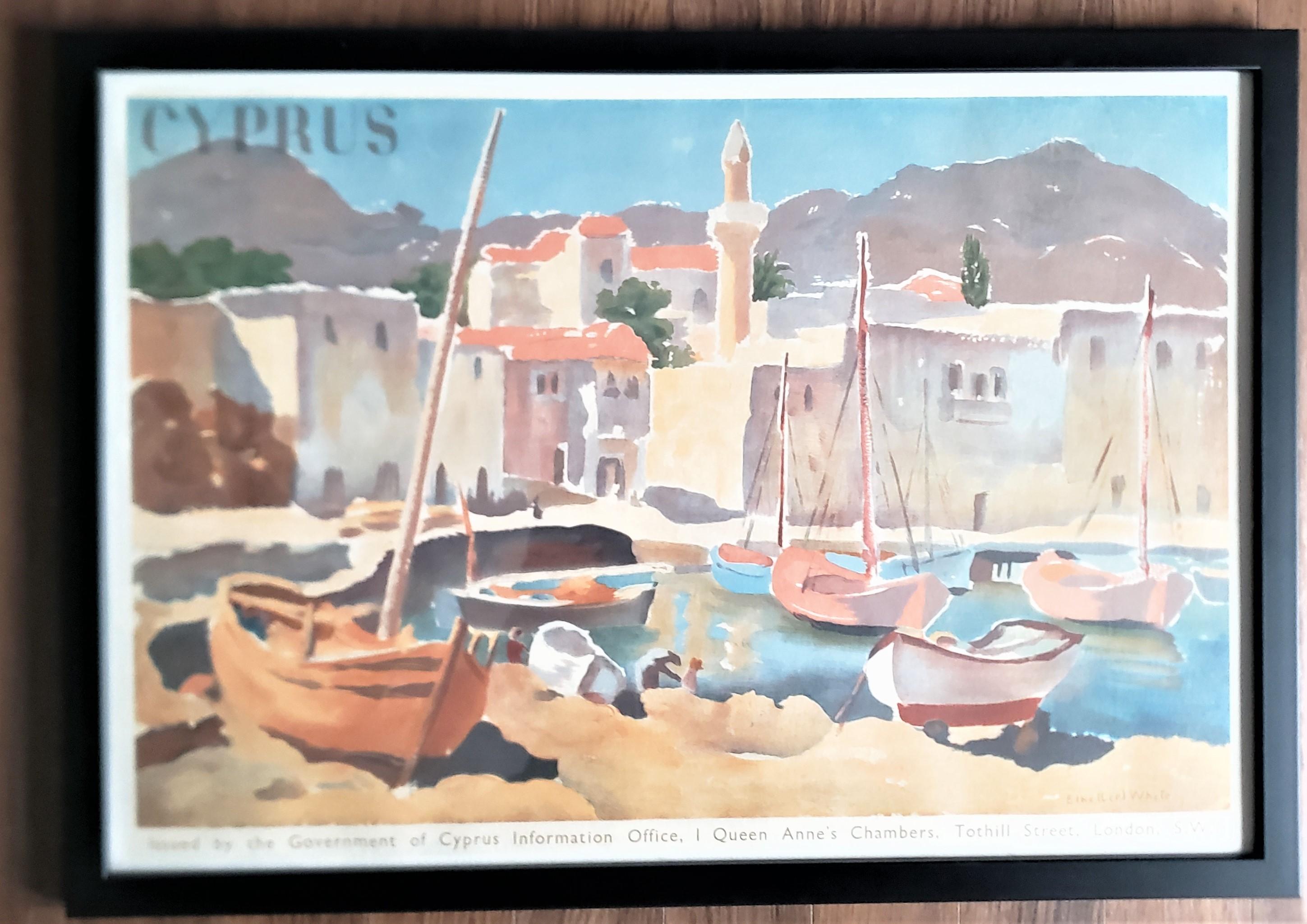 English Art Deco Framed Cyprus Tourist Poster by Baynard Press of England For Sale