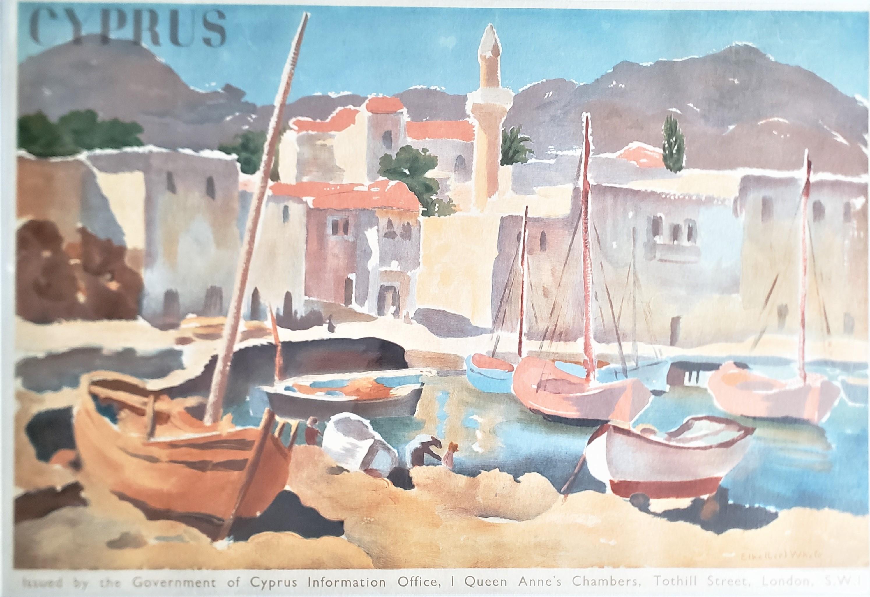 Gerahmtes Cyprus-Touristenplakat im Art-déco-Stil von Baynard Press of England (Maschinell gefertigt) im Angebot
