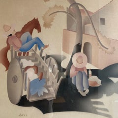 Art Deco Framed Watercolor Airbrush Paintings by Benjamin Jorj Harris