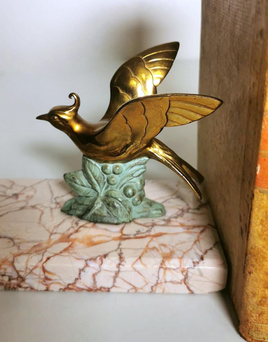 Art Deco France Pair Of Metal Bird Bookends With Fine Marble Base For Sale 7