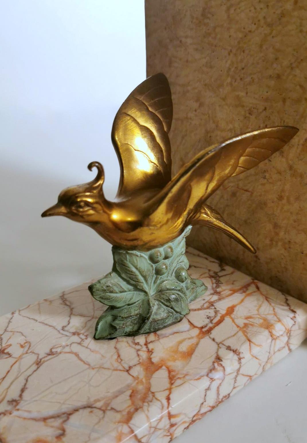 Art Deco France Pair Of Metal Bird Bookends With Fine Marble Base For Sale 8