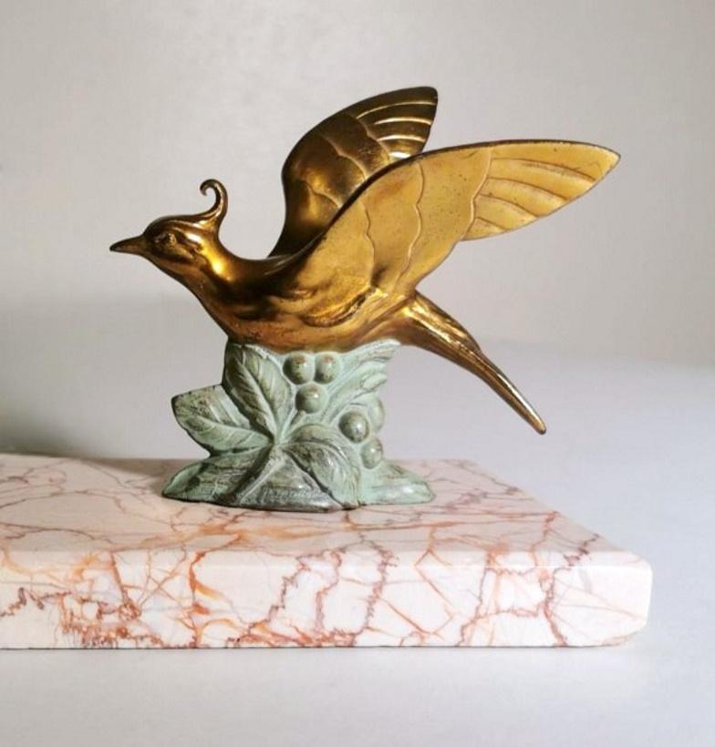 Art Deco France Pair Of Metal Bird Bookends With Fine Marble Base For Sale 9