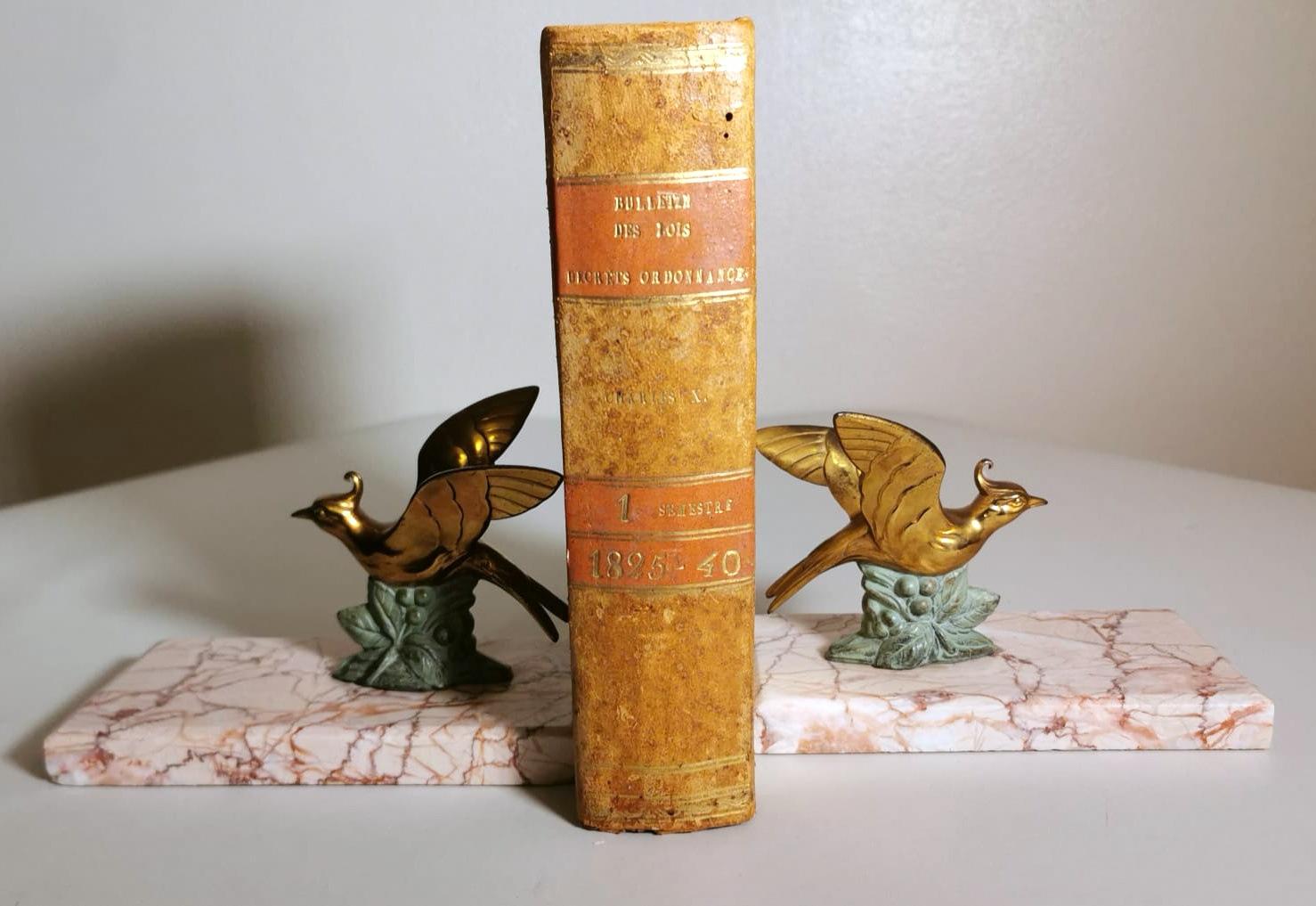 French Art Deco France Pair Of Metal Bird Bookends With Fine Marble Base For Sale