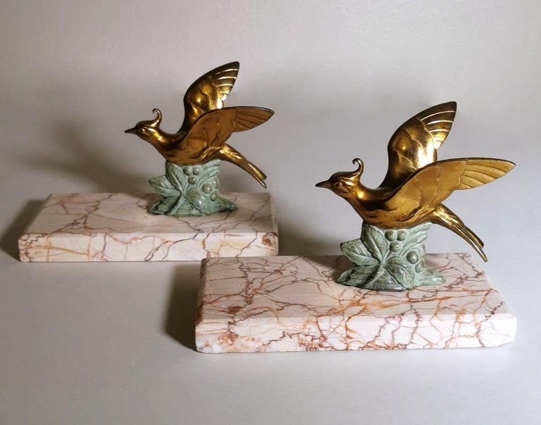 Art Deco France Pair Of Metal Bird Bookends With Fine Marble Base For