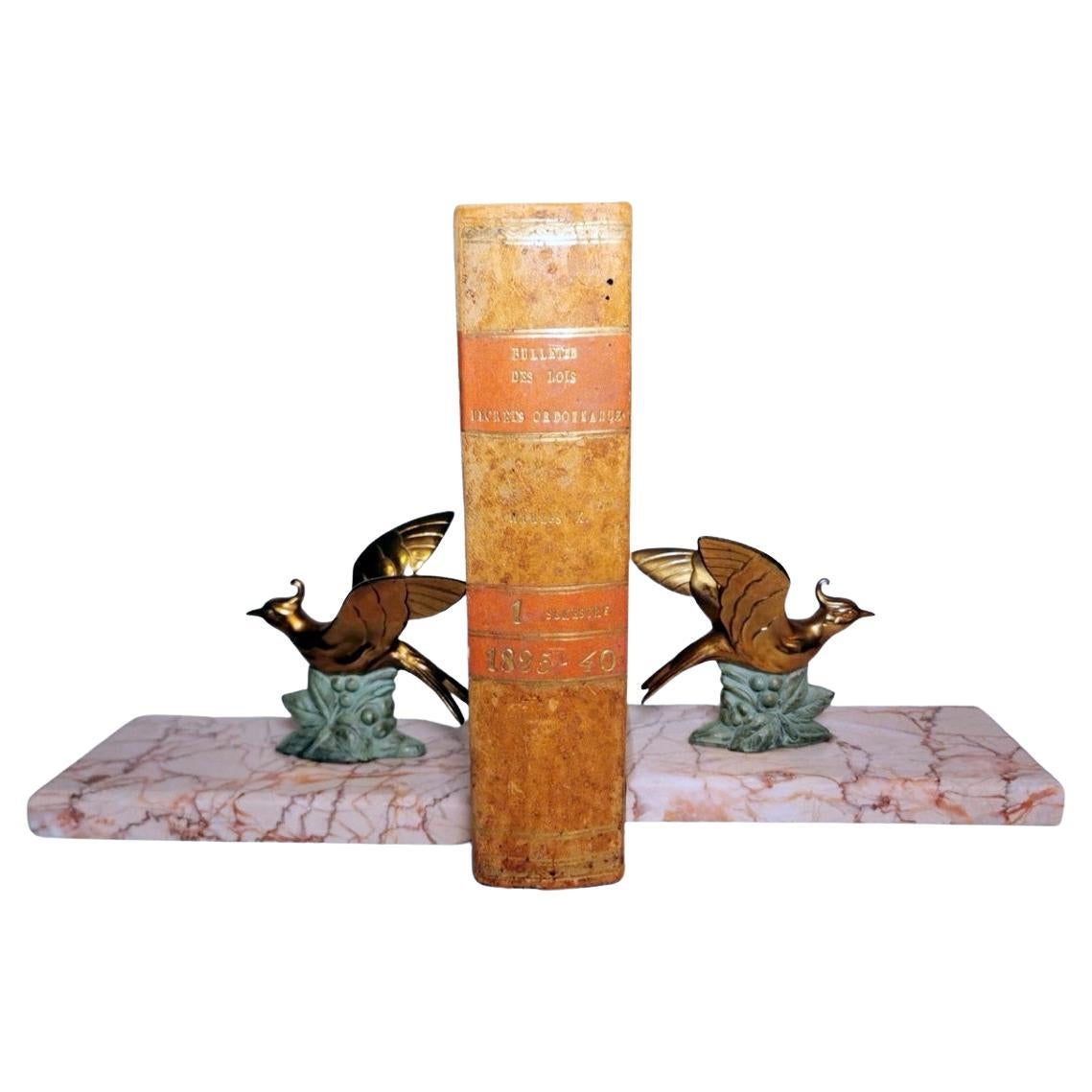 Paar Art-Déco-Buchstützen mit Vogel aus Metall und feinem Marmorsockel, Frankreich