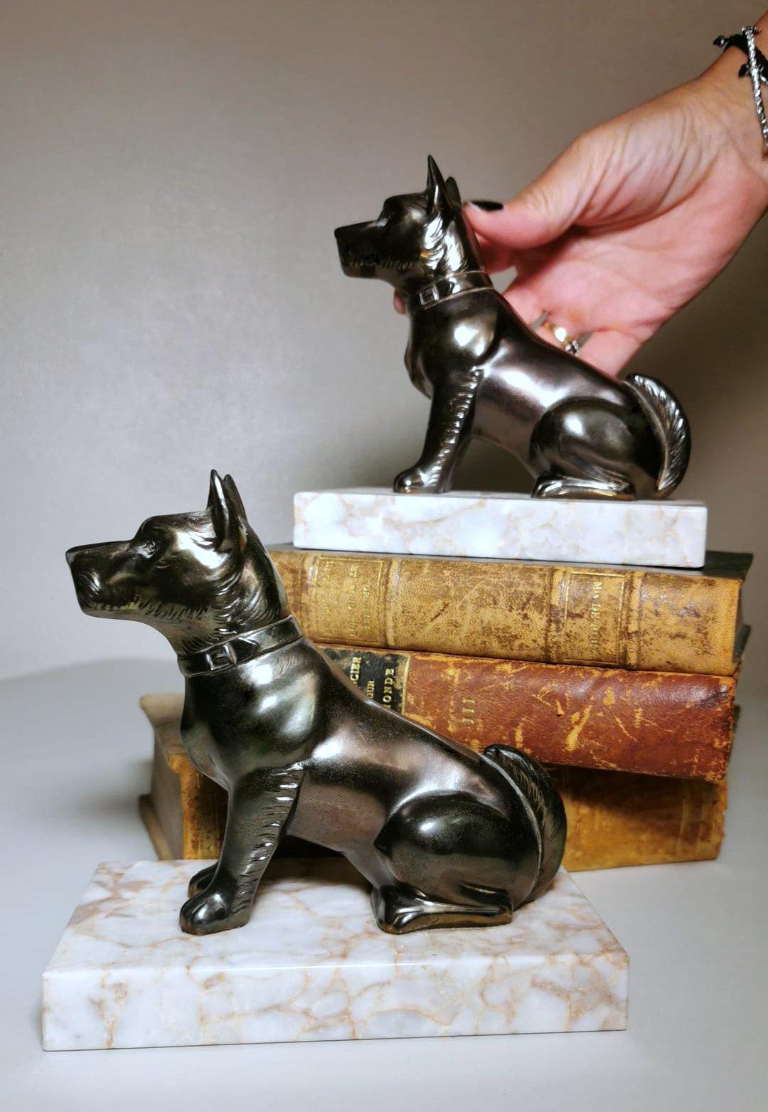Art Deco France Pair of Metal Bookends Dogs and Fine Marble Base 12
