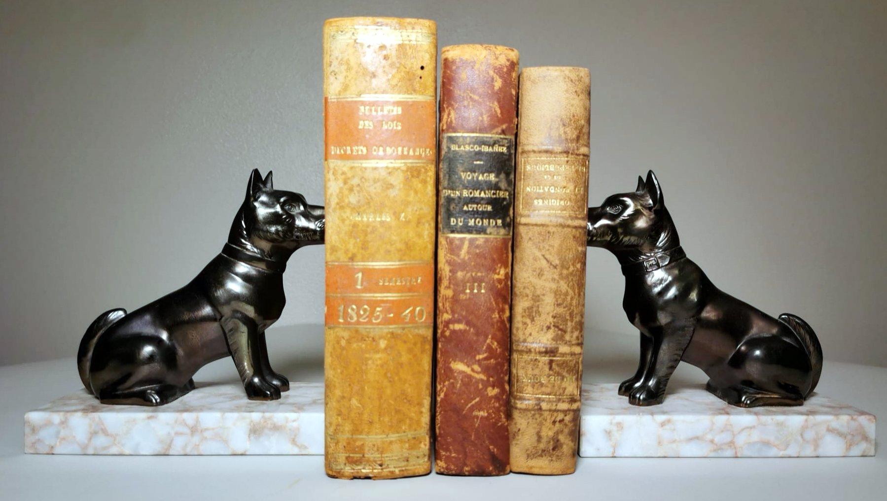 French Art Deco France Pair of Metal Bookends Dogs and Fine Marble Base