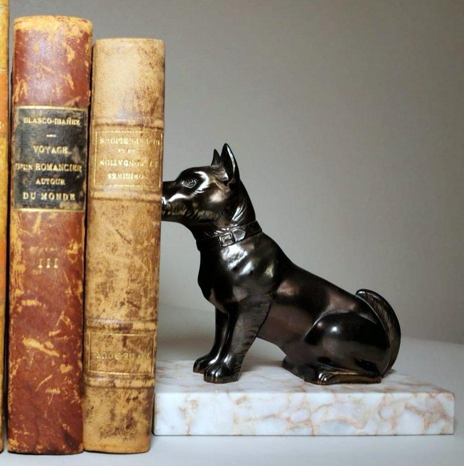 20th Century Art Deco France Pair of Metal Bookends Dogs and Fine Marble Base