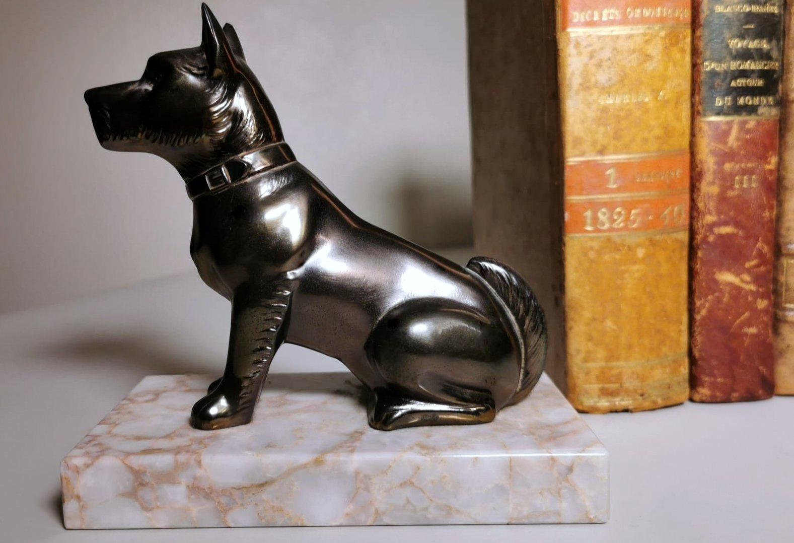 Art Deco France Pair of Metal Bookends Dogs and Fine Marble Base 1