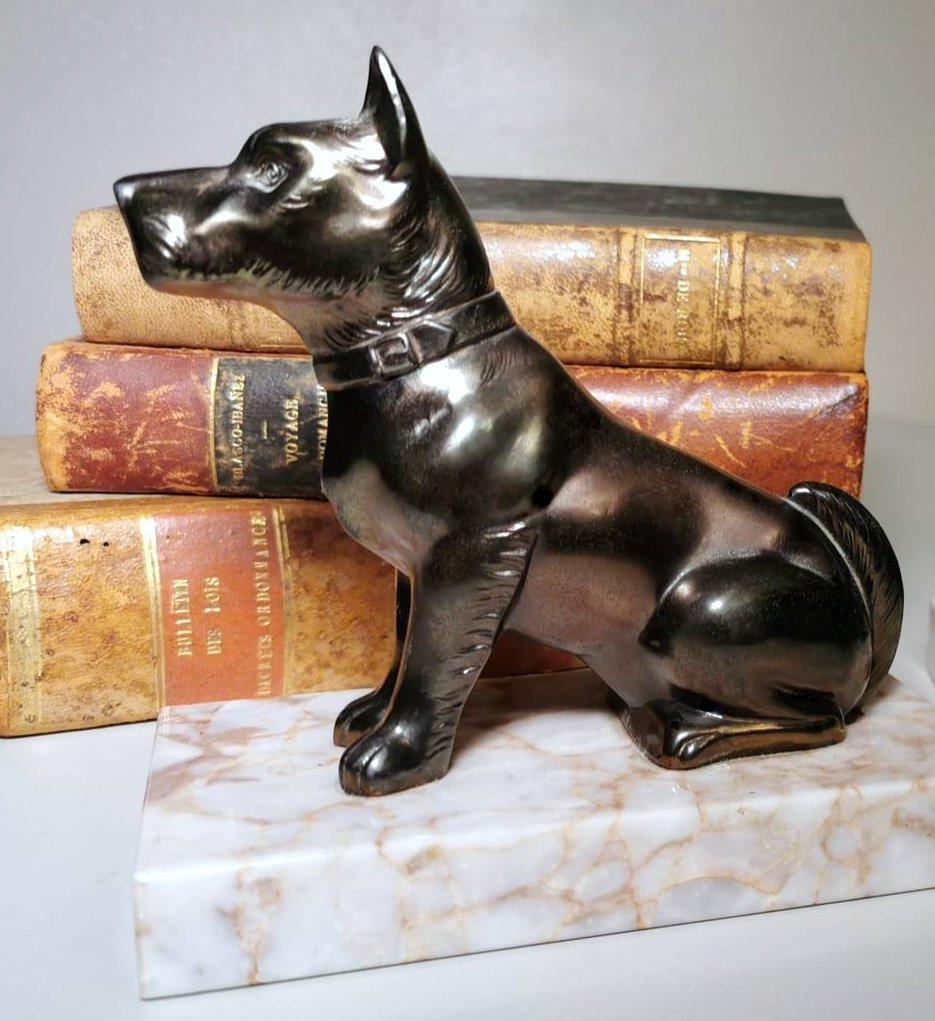 Art Deco France Pair of Metal Bookends Dogs and Fine Marble Base 3