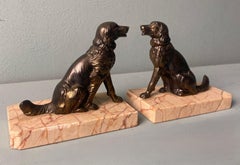 Art Deco France Pair Of Metal Bookends Featuring Dogs With A Fine Marble Base