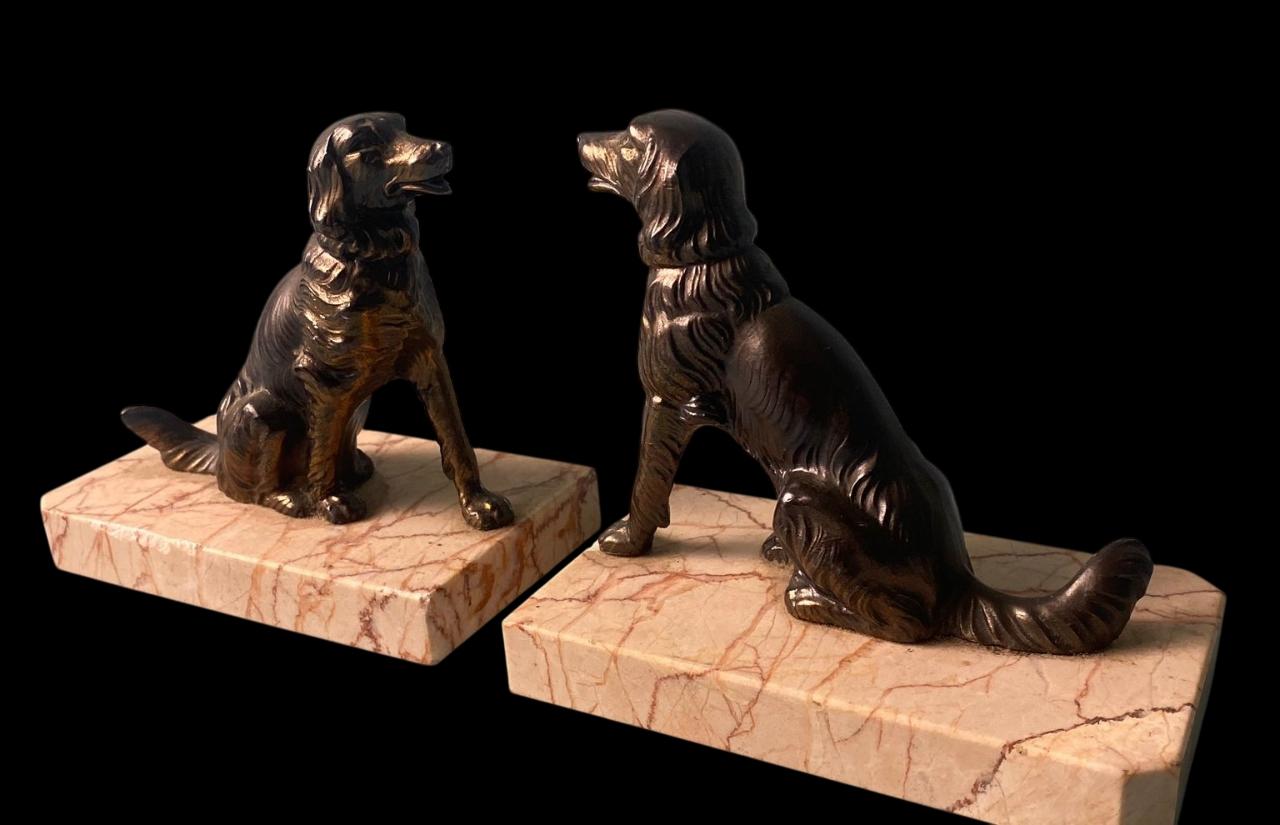 French Art Deco France Pair Of Metal Bookends Featuring Dogs With A Fine Marble Base For Sale