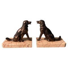 Art Deco France Pair Of Metal Bookends Featuring Dogs With A Fine Marble Base