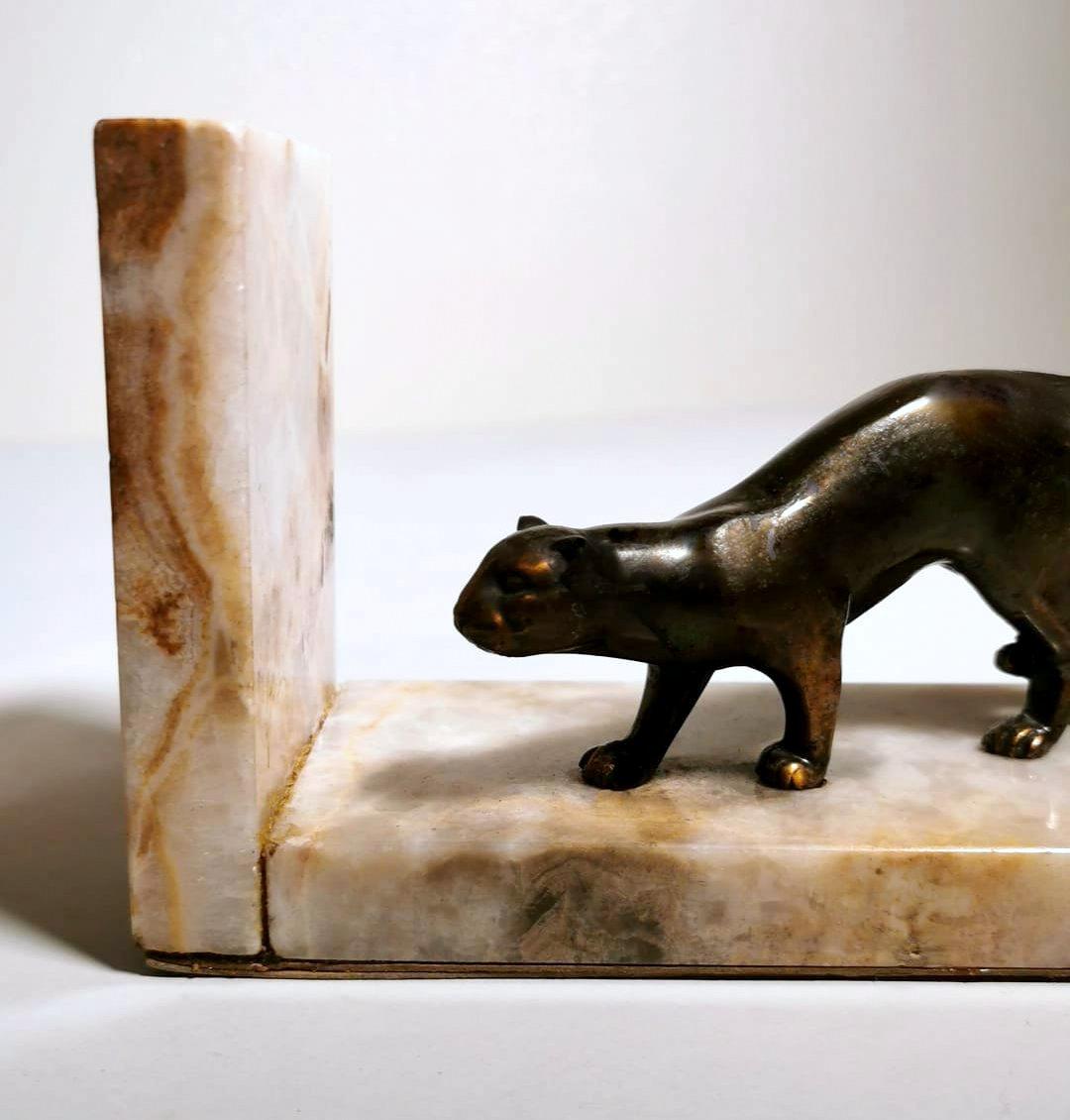 Art Deco France Pair Of Panthers Metal Bookends And Fine Marble Base 4