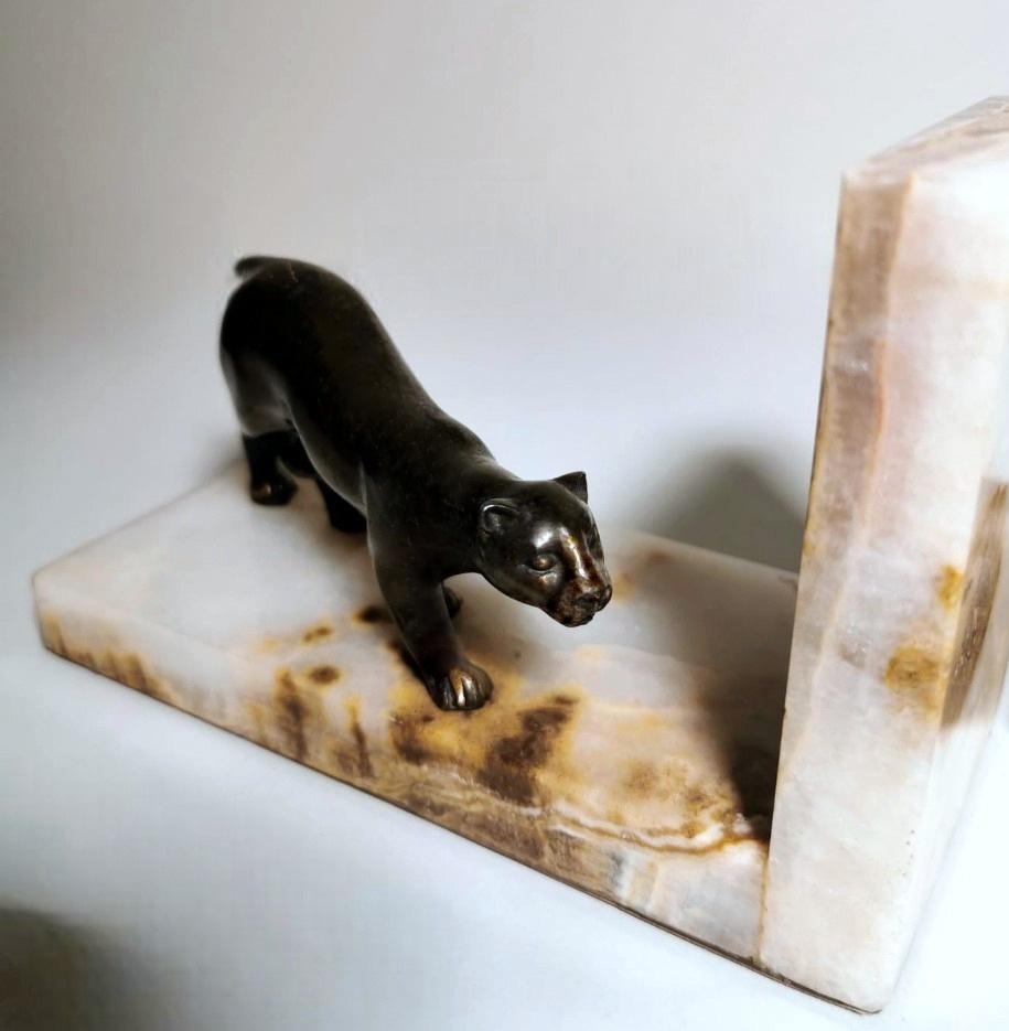 Art Deco France Pair Of Panthers Metal Bookends And Fine Marble Base 5