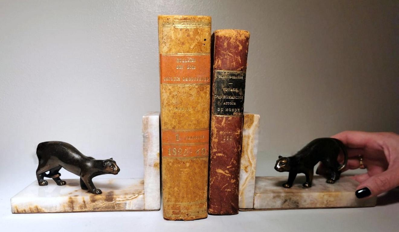 Art Deco France Pair Of Panthers Metal Bookends And Fine Marble Base 10