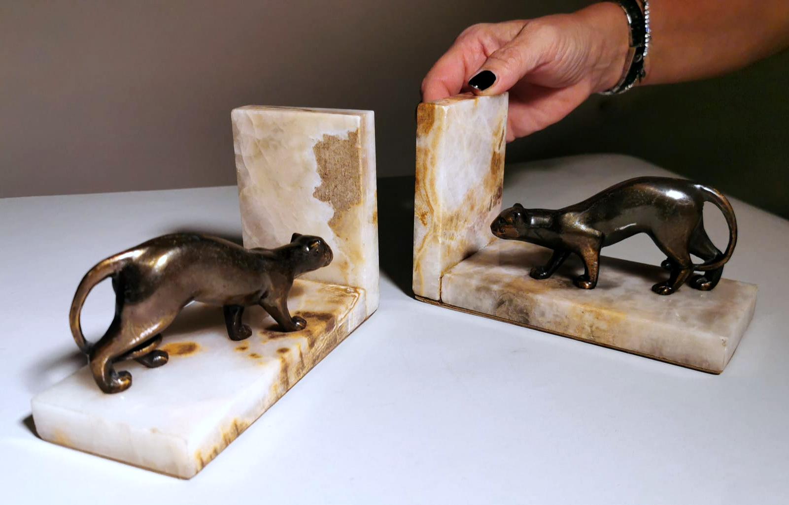 Art Deco France Pair Of Panthers Metal Bookends And Fine Marble Base 11
